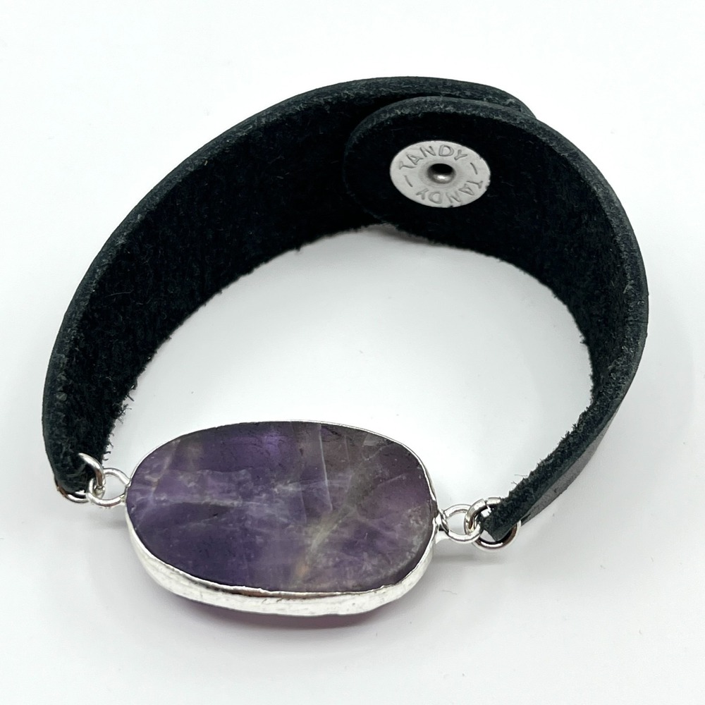 Vintage Tandy Black Leather Amethyst Druzy Cuff Bracelet Boho Silver Tone Snap